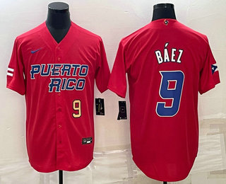 Mens Puerto Rico Baseball #9 Javier Baez Number 2023 Red World Baseball Classic Stitched Jerseys->2023 world baseball classic->MLB Jersey